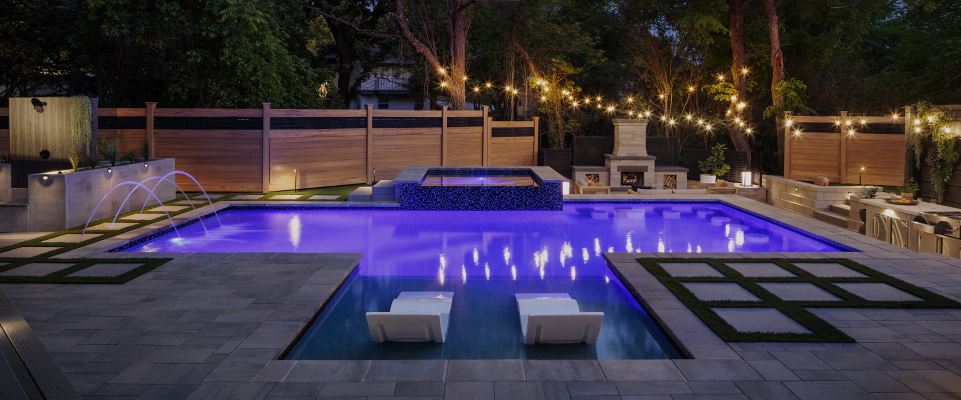 glowing pool deck at night
